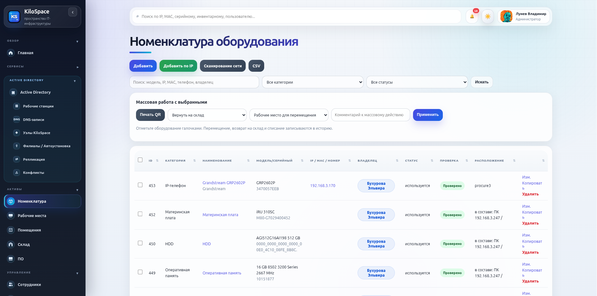 KiloSpace — номенклатура оборудования
