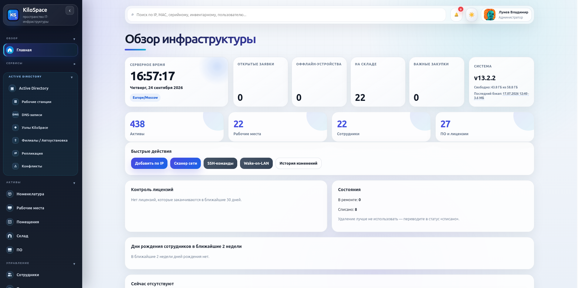 KiloSpace — реальный экран обзора инфраструктуры